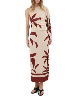 Mango Leaf Print Ruched One Shoulder Midi Dress - White