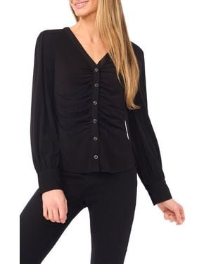 Cece Shirred V-Neck Button-Up Shirt - Black