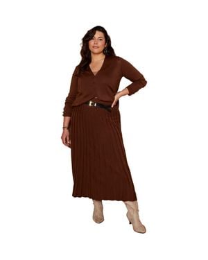 June + Vie Pleated Midi Skirt - Brown