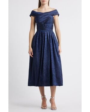 Tahari Crushed Taffeta Off The Shoulder Cocktail Dress - Blue