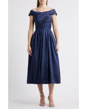 Tahari Crushed Taffeta Off The Shoulder Cocktail Dress - Blue