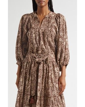 MILLE Charlie Print Tie Neck Blouse - Brown