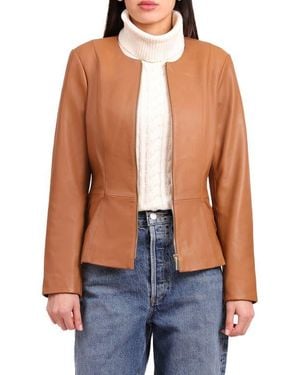 Bagatelle Genuine Leather Zip Front Peplum Jacket - Brown