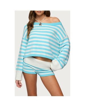 Edikted Saphi One-Shoulder Stripe Oversize Sweater - Blue