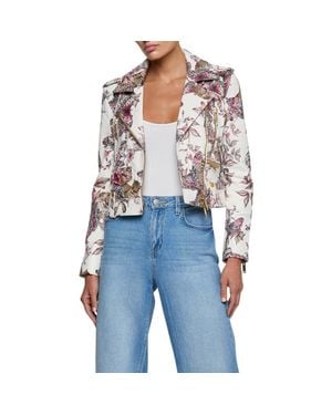 L'Agence Blakely Butterfly Leopard Print Crop Leather Biker Jacket - Blue