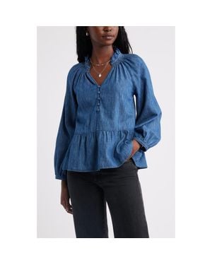 Caslon Peplum Cotton Chambray Top - Blue