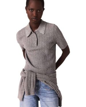 Maje Wool Polo Shirt With Rhinestone Collar - Gray