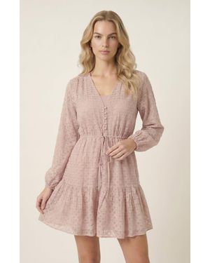 Modenaire Polka Dot Embroidered Lace V-Neck Tie Waist Dress - Pink
