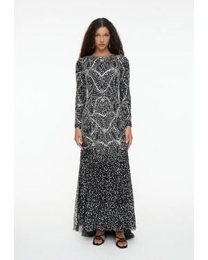 MARYISA Modest Embellished Sequin Beaded Dress Maxi With Fit Bodice And Trail - Black