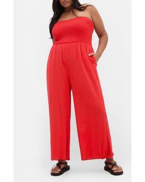 City Chic Ally Smocked Strapless Wide Leg Jumpsuit - Red