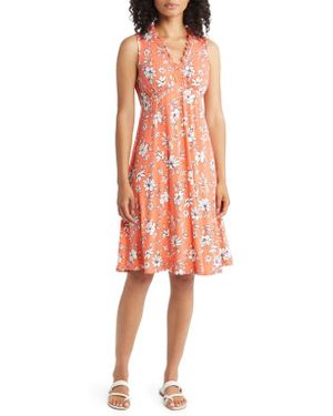Loveappella Floral Print Ruffle Empire Waist Dress - Orange