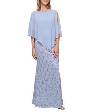 Sl Fashions Beaded Lace & Chiffon Capelet Gown - Blue