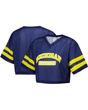 ZooZatZ Michigan Wolverines Mesh Cropped V-Neck T-Shirt - Blue