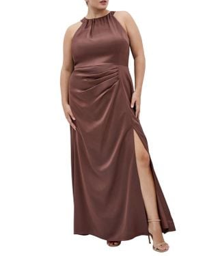 City Chic Celina Halter Neck Satin Maxi Dress - Brown