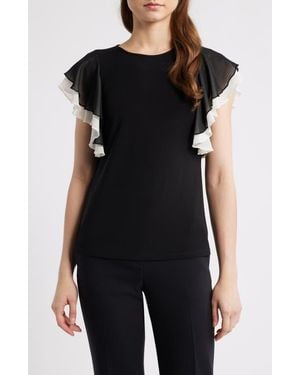 Anne Klein Layered Flutter Sleeve Mixed Media Top - Black