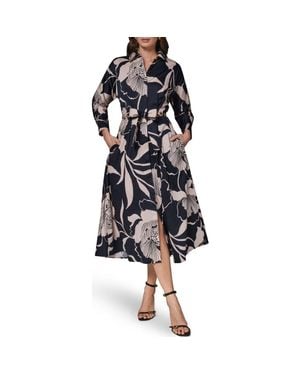 Donna Karan Floral Long Sleeve Fit & Flare Shirtdress - Black