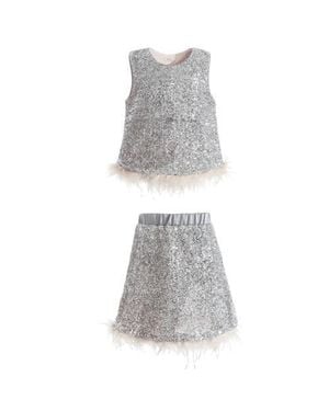 Tulle Sequin Feather-Trim Set - Gray
