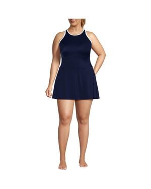 Lands' End Chlorine Resistant Tugless High Neck Swim Dress One Piece Swimsuit - Blue