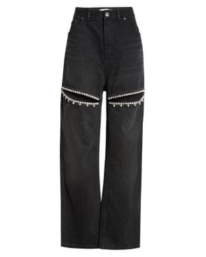 Area Crystal Slit Straight Leg Jeans - Black