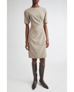 Lafayette 148 New York Short Sleeve Pleated Waist Responsible Stretch Wool Dress - Natural