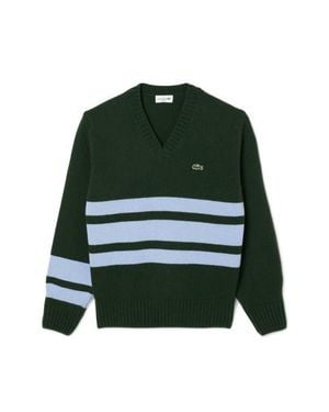 Lacoste Classic Stripe Wool V-Neck Sweater - Green