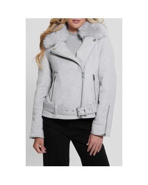 Guess Nancy Moto Jacket With Removable Faux Fur Collar - Gray