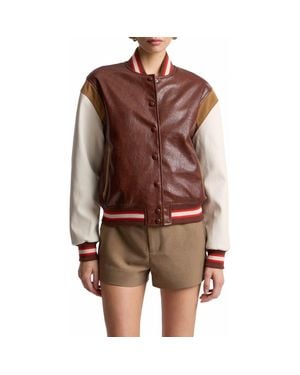 Avec Les Filles Faux Leather Varsity Bomber Jacket - Brown