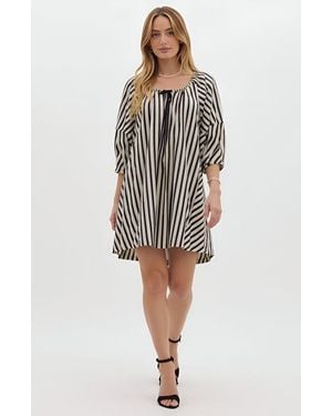 Modenaire Striped Mini Dress With Tie Neckline, Pockets And 3/4 Sleeves - Multicolor