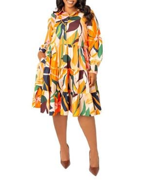 Buxom Couture Floral Long Sleeve Shirtdress - Orange