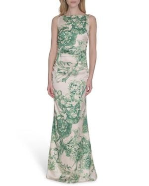 Vince Camuto Floral Ruched Waist Satin Gown - Green