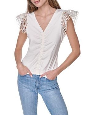 DKNY Center Ruched Lace Sleeve Cotton Blend Top - White