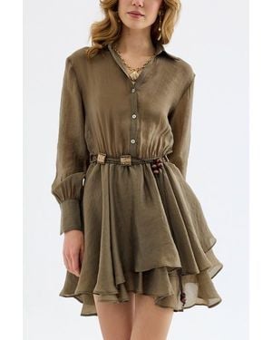Monlicia Alora Tencel Button-Front Pleated Mini Shirt Dress - Natural