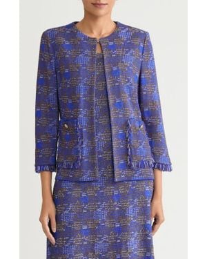 Ming Wang Fringe Trim Tweed Jacket - Blue