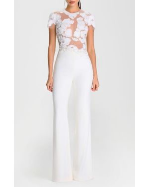 Nadine Merabi Sloane Beaded Floral Appliqué Wide Leg Cocktail Jumpsuit - White