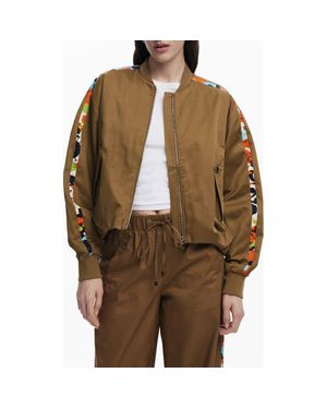 Desigual Contrast Sleeve Stripe Cotton Blend Bomber Jacket - Brown