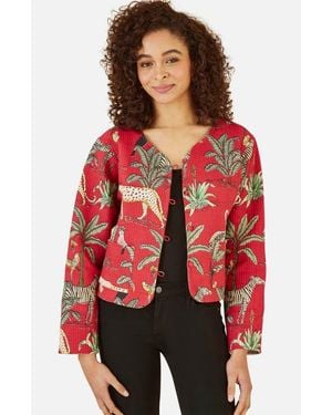 Yumi' Animal Reversible Cropped Quilted Jacket - Red