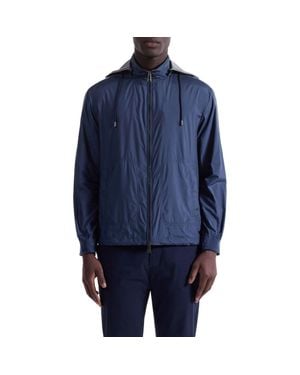 Bugatchi Water Repellent Windbreaker With Removable Drawstring Hood - Blue