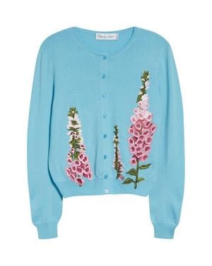 Oscar de la Renta Foxglove Embroidered Virgin Wool Cardigan - Blue