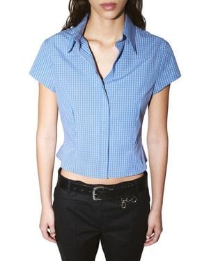 Mango Starring Hailey Bieber Gigi Check Print Crop Cotton Shirt - Blue