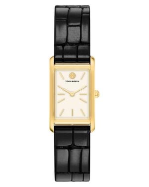 Tory Burch The Eleanor Slim Tank Leather Strap Watch, 20Mm X 34Mm - Black