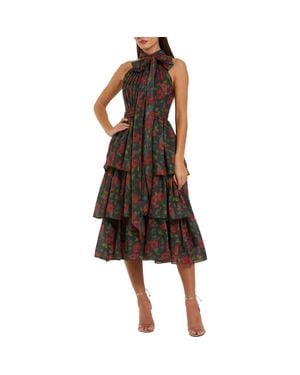 Mac Duggal Floral Chiffon Tiered Midi Dress With Neck Bow - Brown