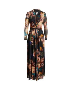 Anne Klein Blurred Floral Twist Front Long Sleeve Mesh Maxi Dress - Black