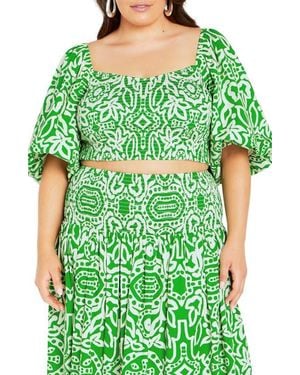 City Chic Amari Puff Sleeve Crop Top - Green