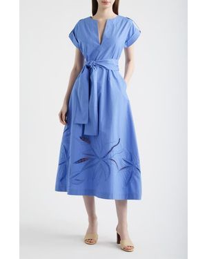 Vince Camuto Ladder Stitch Embroidered Tie Belt Cotton Poplin Midi Dress - Blue
