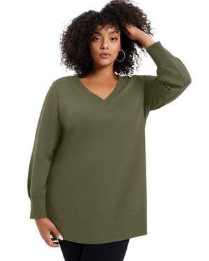 June + Vie V Neck French Terry Sweatshirt - Green