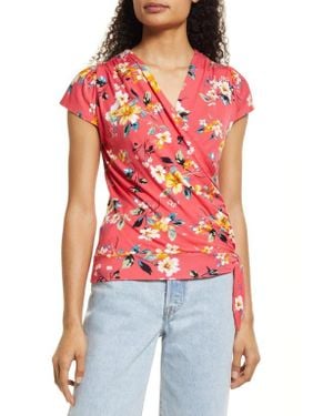 Loveappella Floral Faux Wrap Top - Red