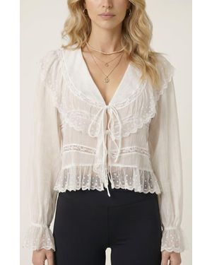 Modenaire Ruffled Lace Trim Lightweight Tie Front Blouse - Natural