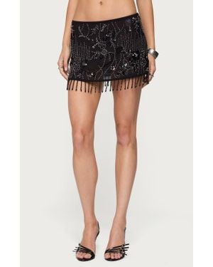 Edikted Embellished Beaded Sequin Fringe Miniskirt - Black