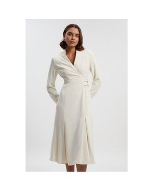 Karen Millen Crepe Buckle Waist Midi Shirt Dress - White