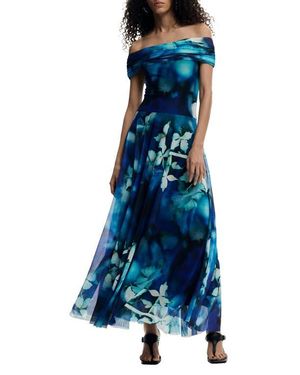 Desigual Floral Print Strapless Dress - Blue